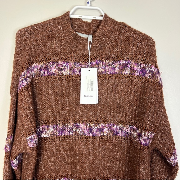 Fransa Chocolate Brown Lightweight Knit Stripes Sweater pullover oversized Small - Picture 2 of 8